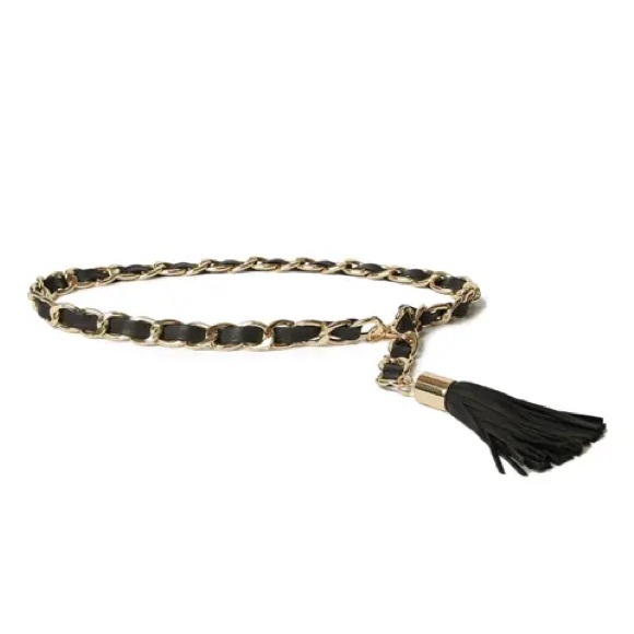 B-low The Belt Women’s Gwen Leather & Chain Belt Size 3/4”W Black/Gold